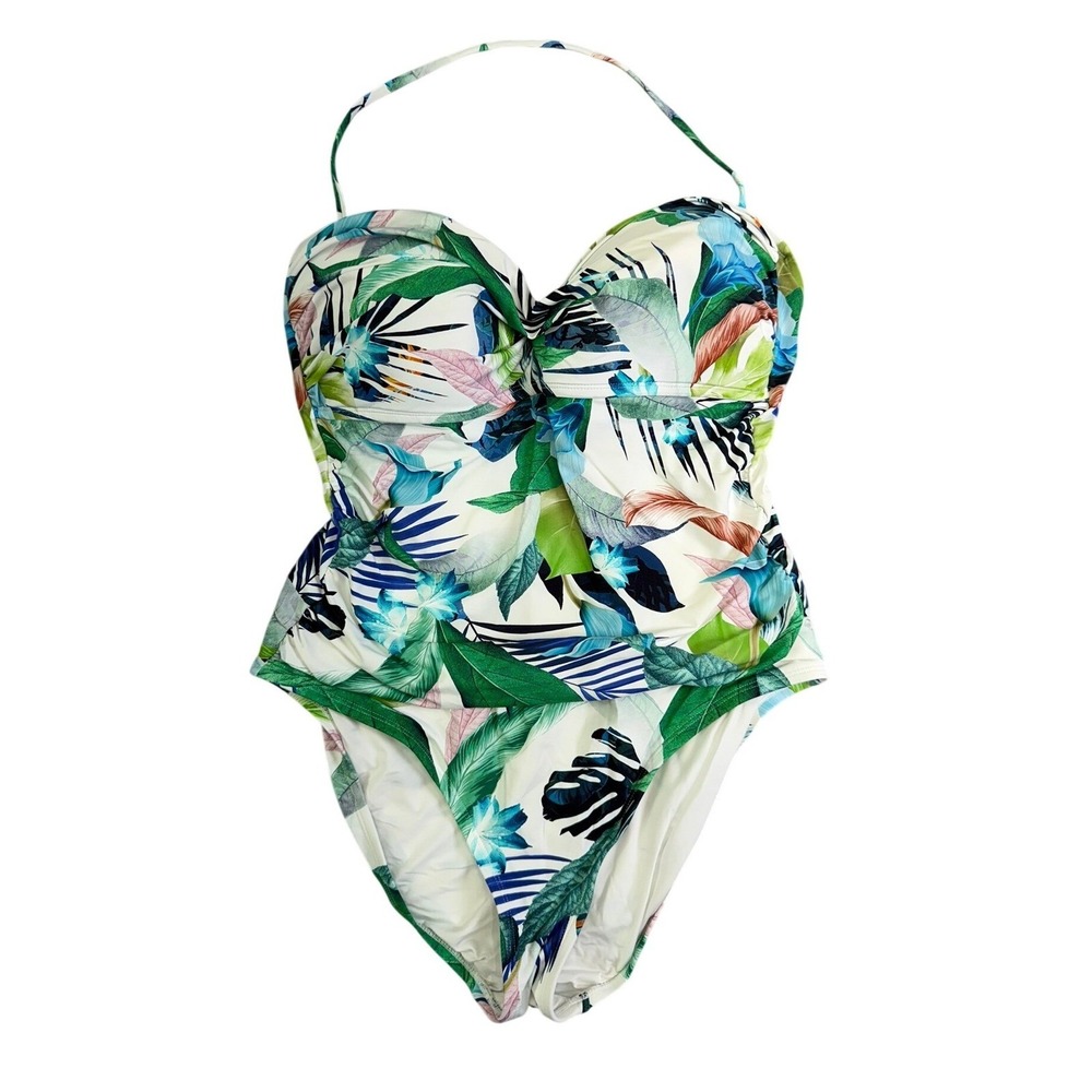 La Blanca One Piece Swimsuit Womens 12 White‎ Tropical Floral Halter Twist Front - Picture 1 of 7